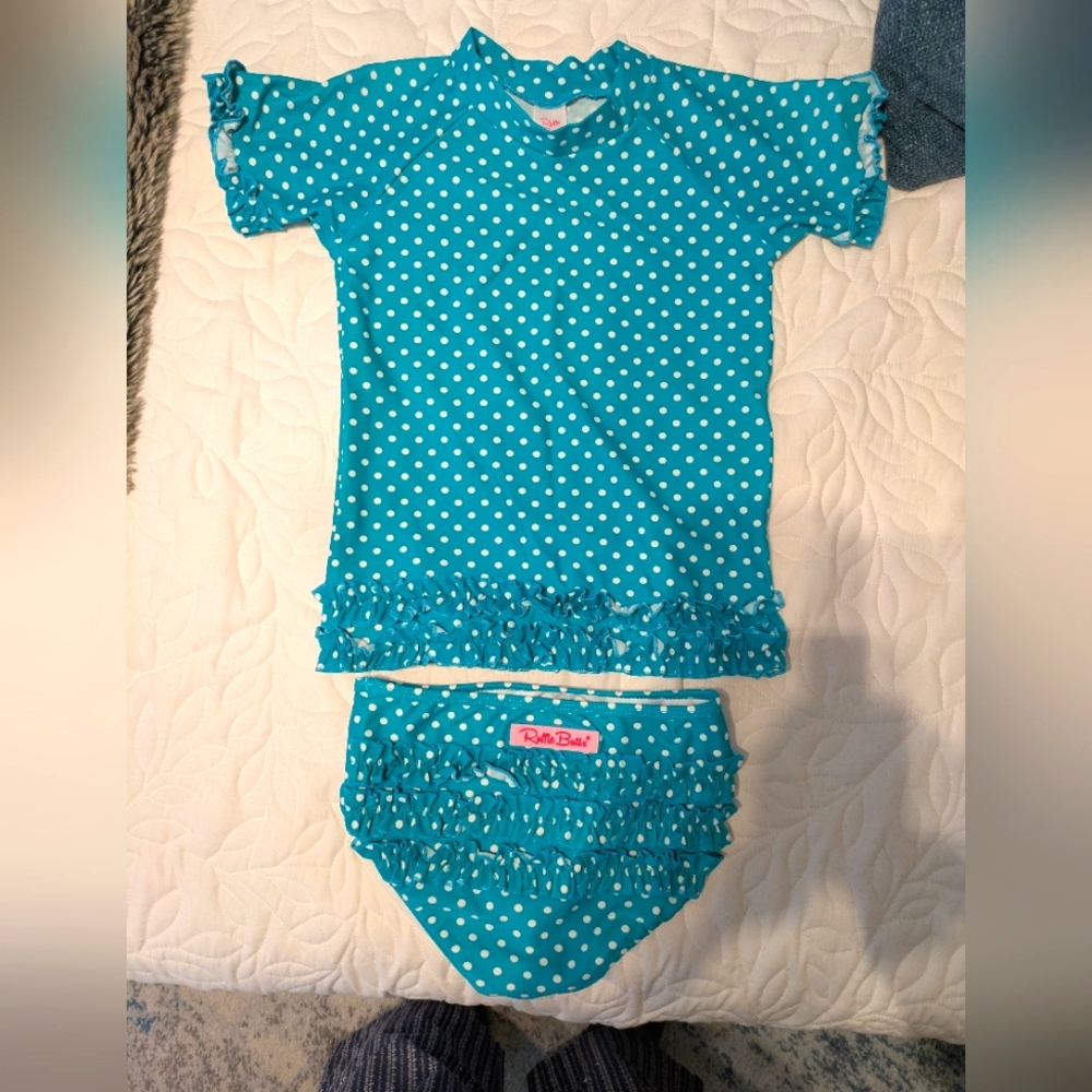 Ruffle Butts Blue and White Rashguard Swim Set